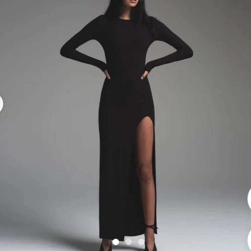 SKIMS Black Long Sleeve Maxi Dress with High Thigh Slit